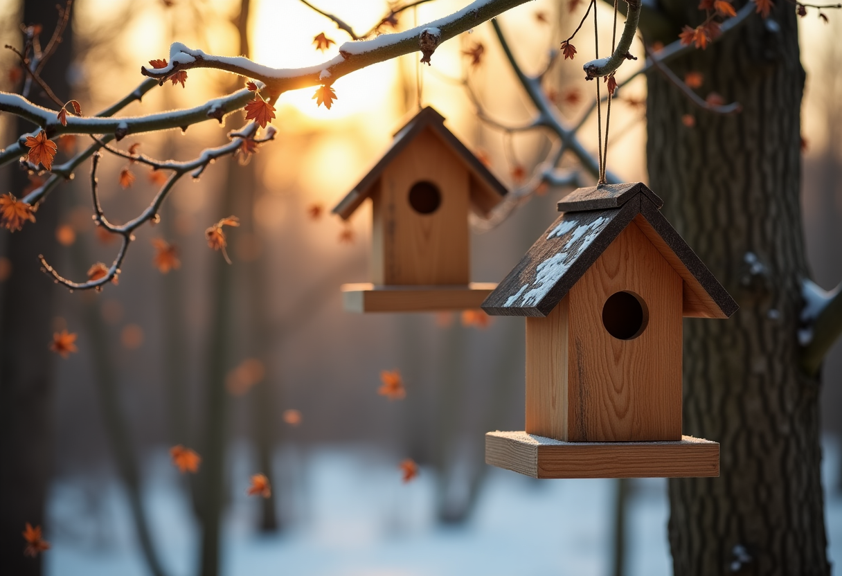 Casitas nido coloridas para aves en invierno