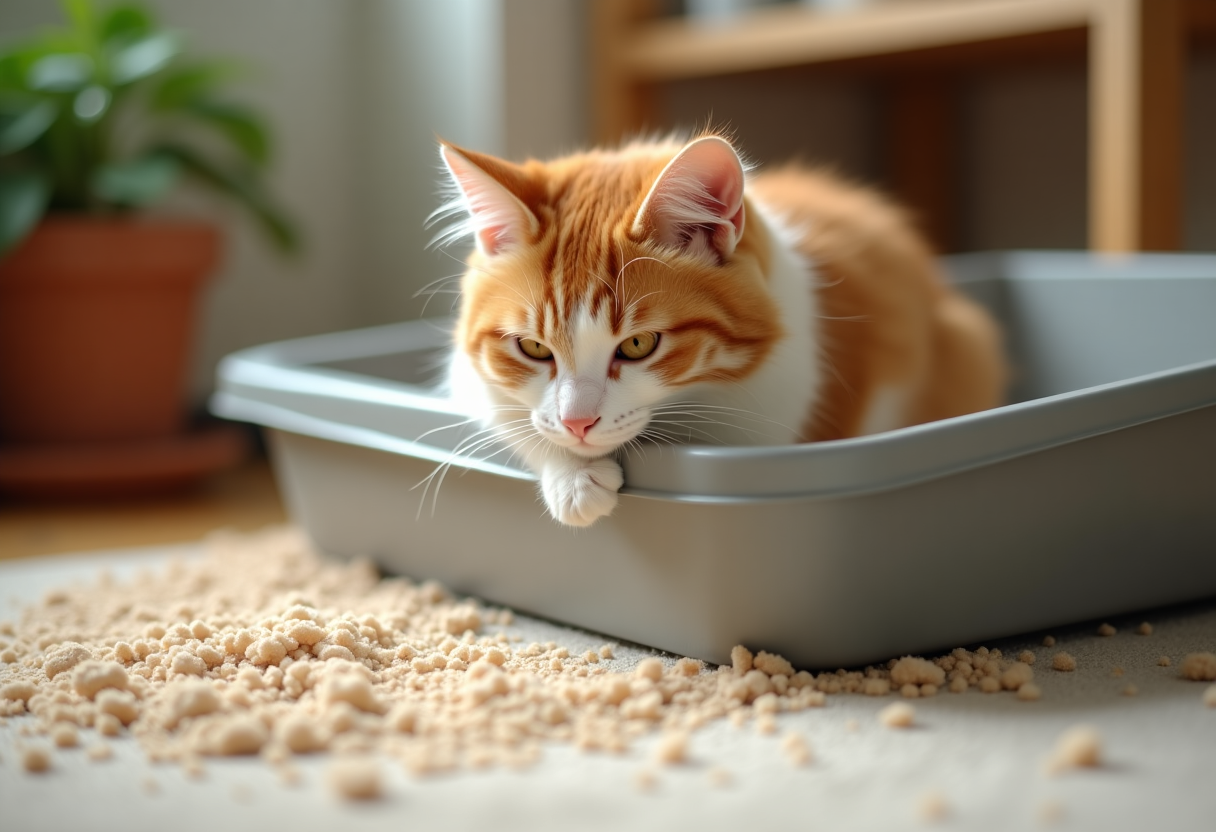 Gato feliz jugando con arena de calidad