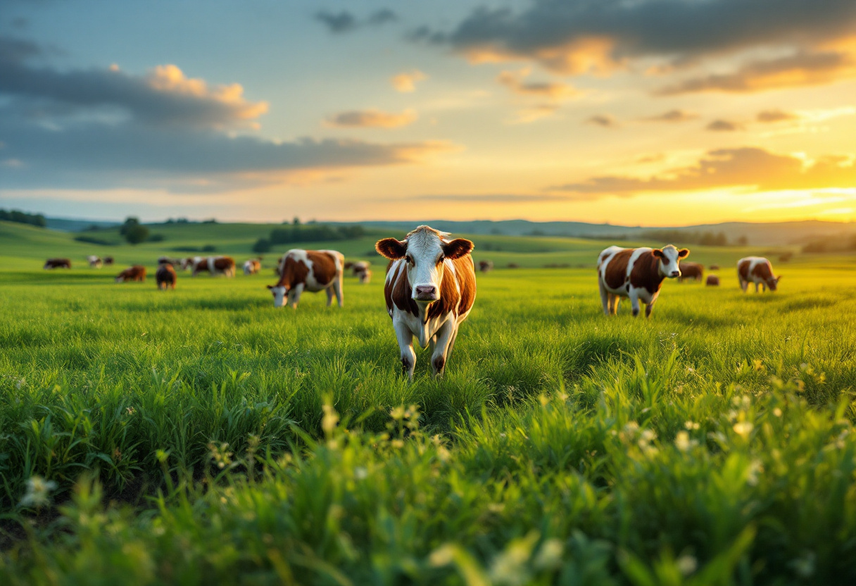 Vacas en un prado interactuando entre ellas