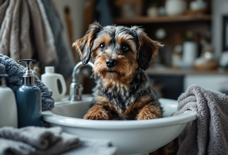 Perro siendo bañado en invierno con cuidado