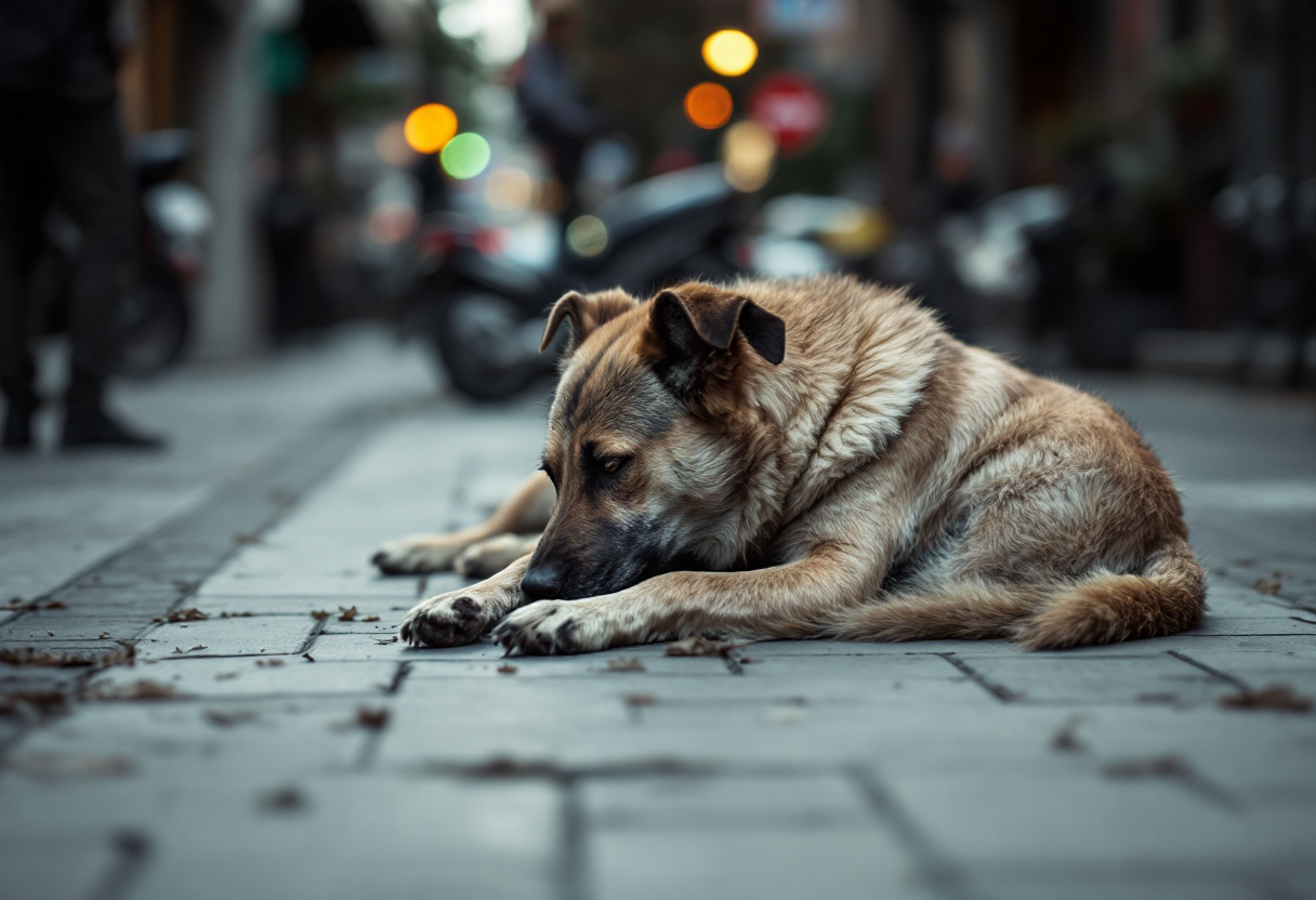 Cane abbandonato in cerca di aiuto sulla strada