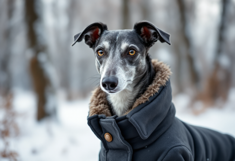 Galgo español abrigado en invierno con manta