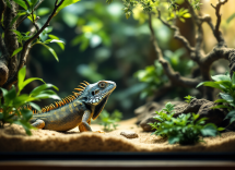 Iguana domestica su un ramo con un proprietario