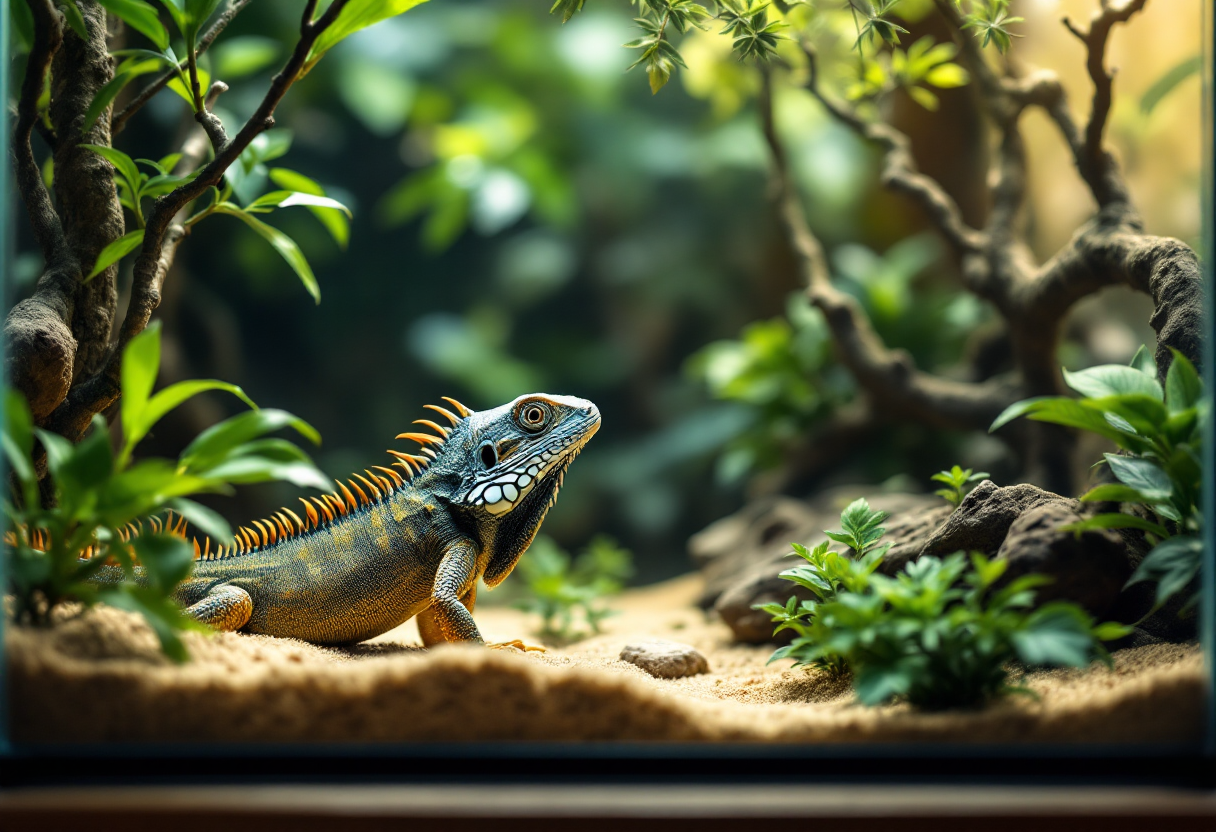 Iguana domestica su un ramo con un proprietario