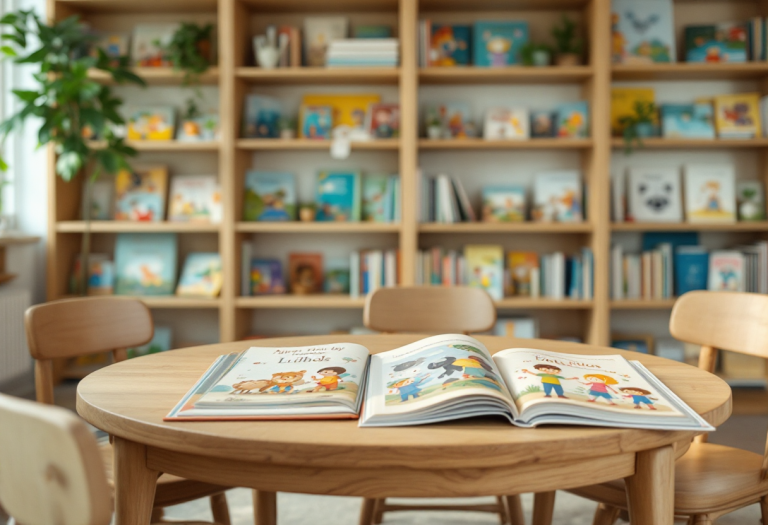 Niños leyendo libros sobre animales en un entorno mágico