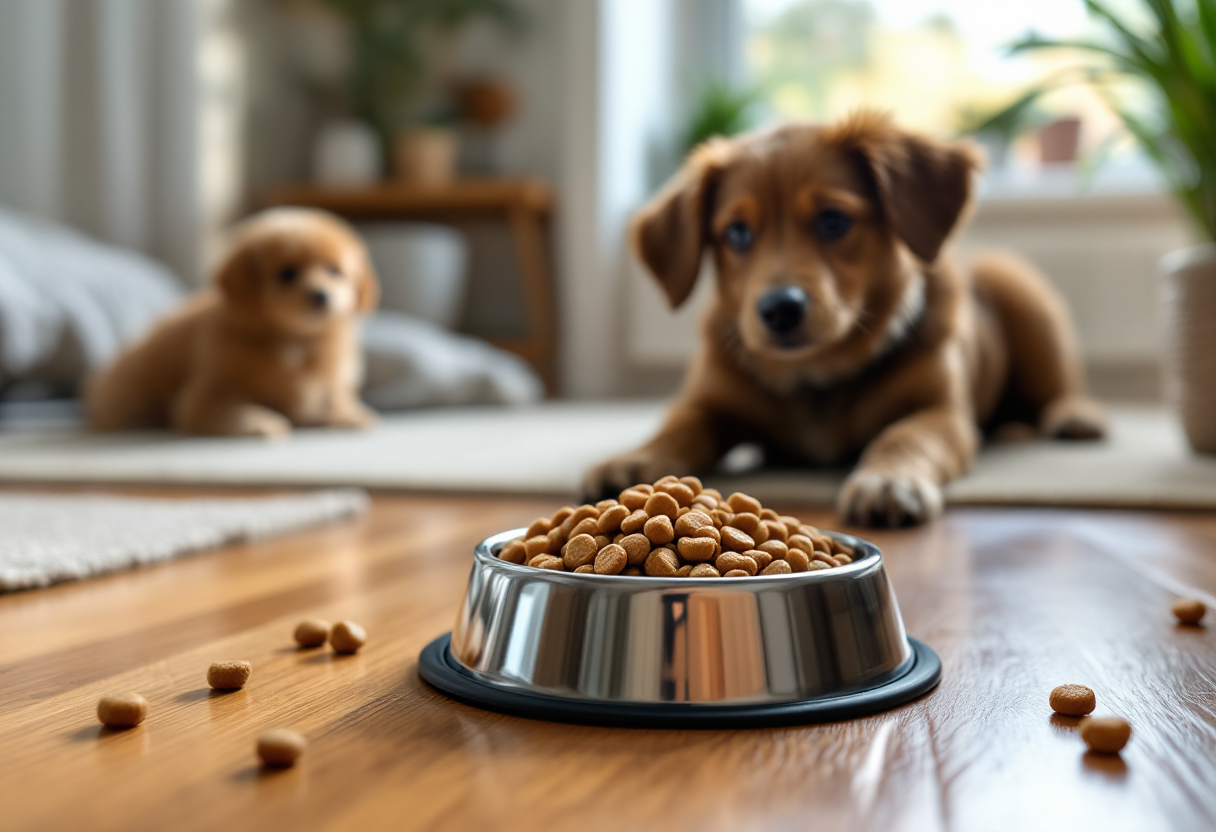 Cane felice che mangia cibo sano e nutriente