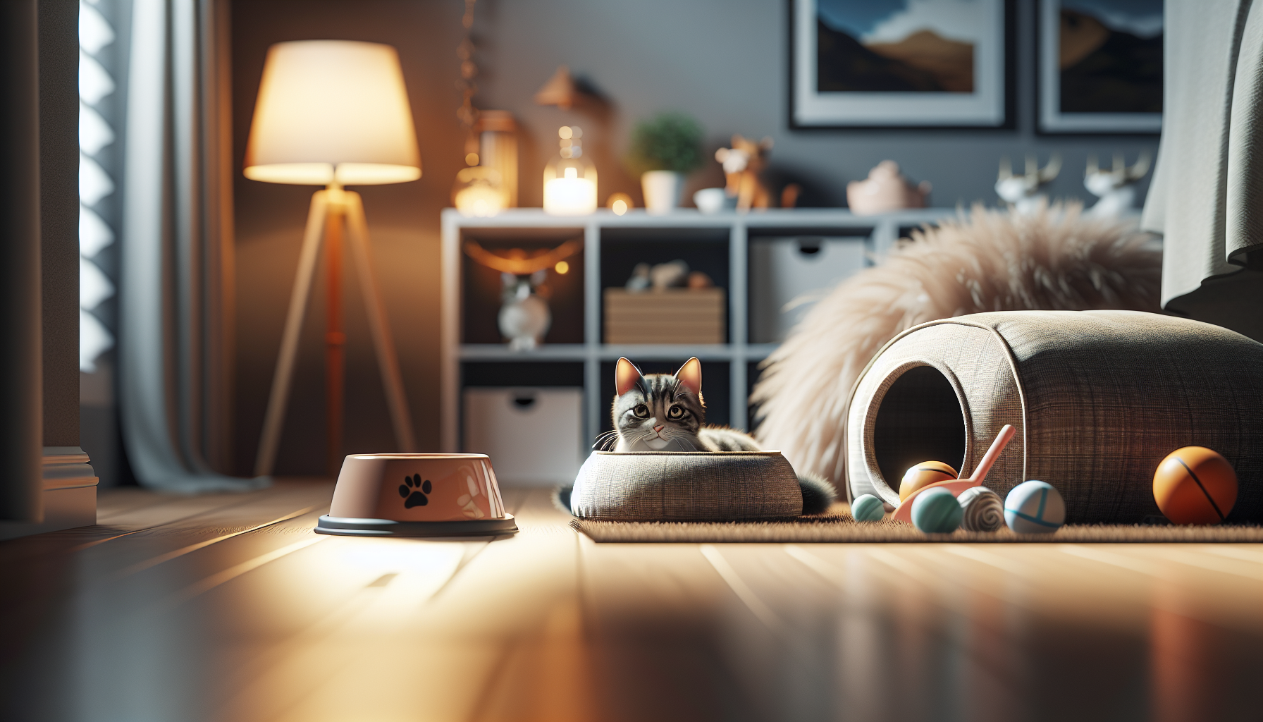 Gato feliz celebrando el Día del Gato con juguetes