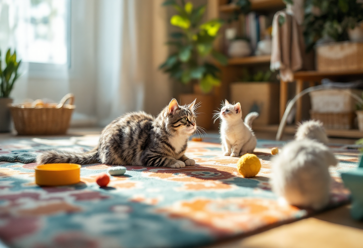 Gato jugando con un juguete en un ambiente seguro