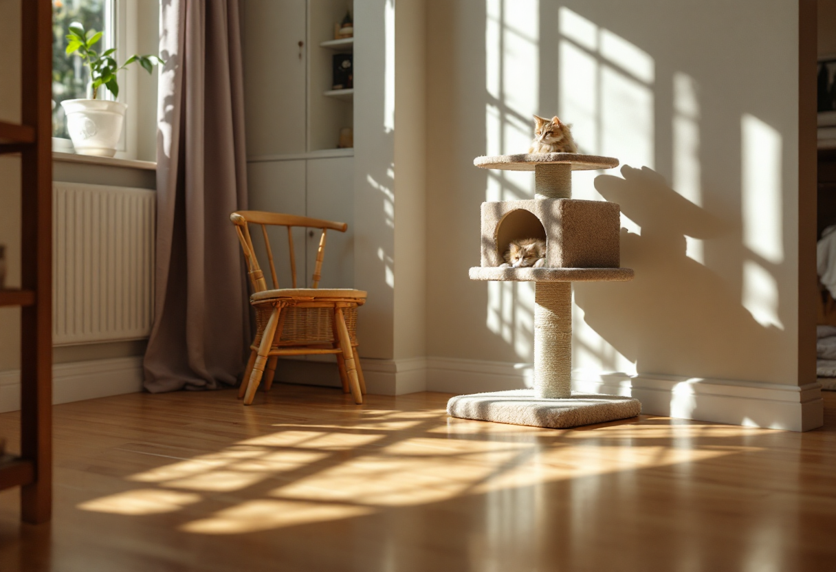 Gato jugando con juguetes en un ambiente hogareño