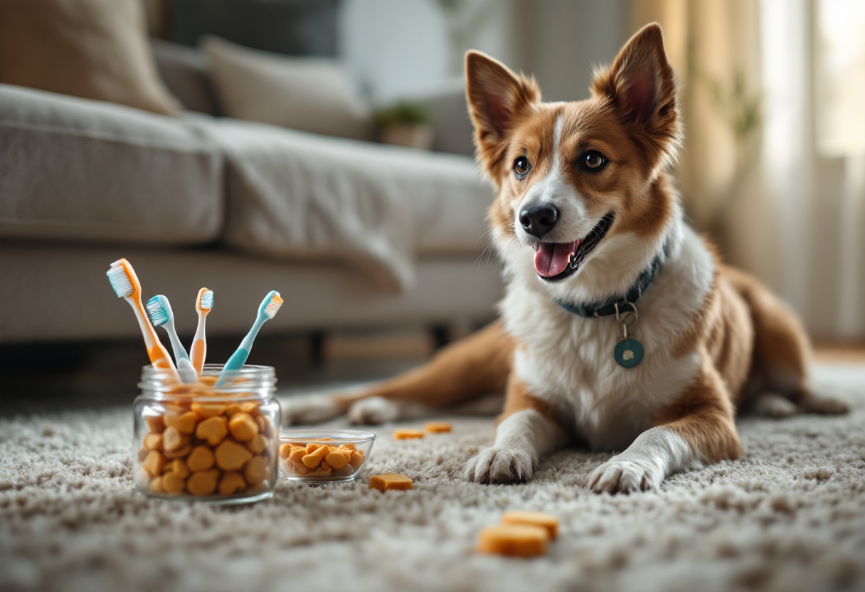 Perro con dientes limpios y cuidados dentales