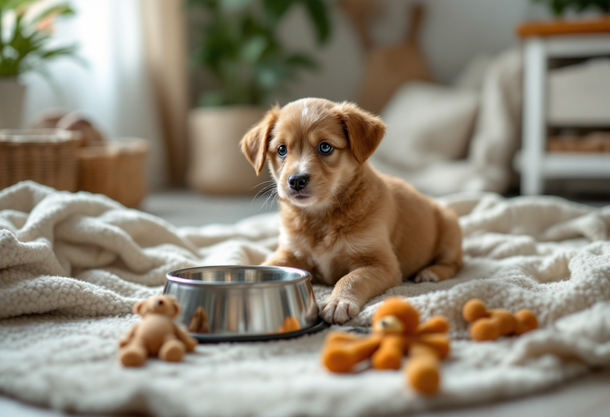 Cachorro feliz rodeado de accesorios para su cuidado