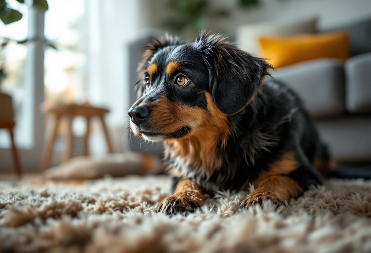 Perro adoptado explorando su nuevo hogar