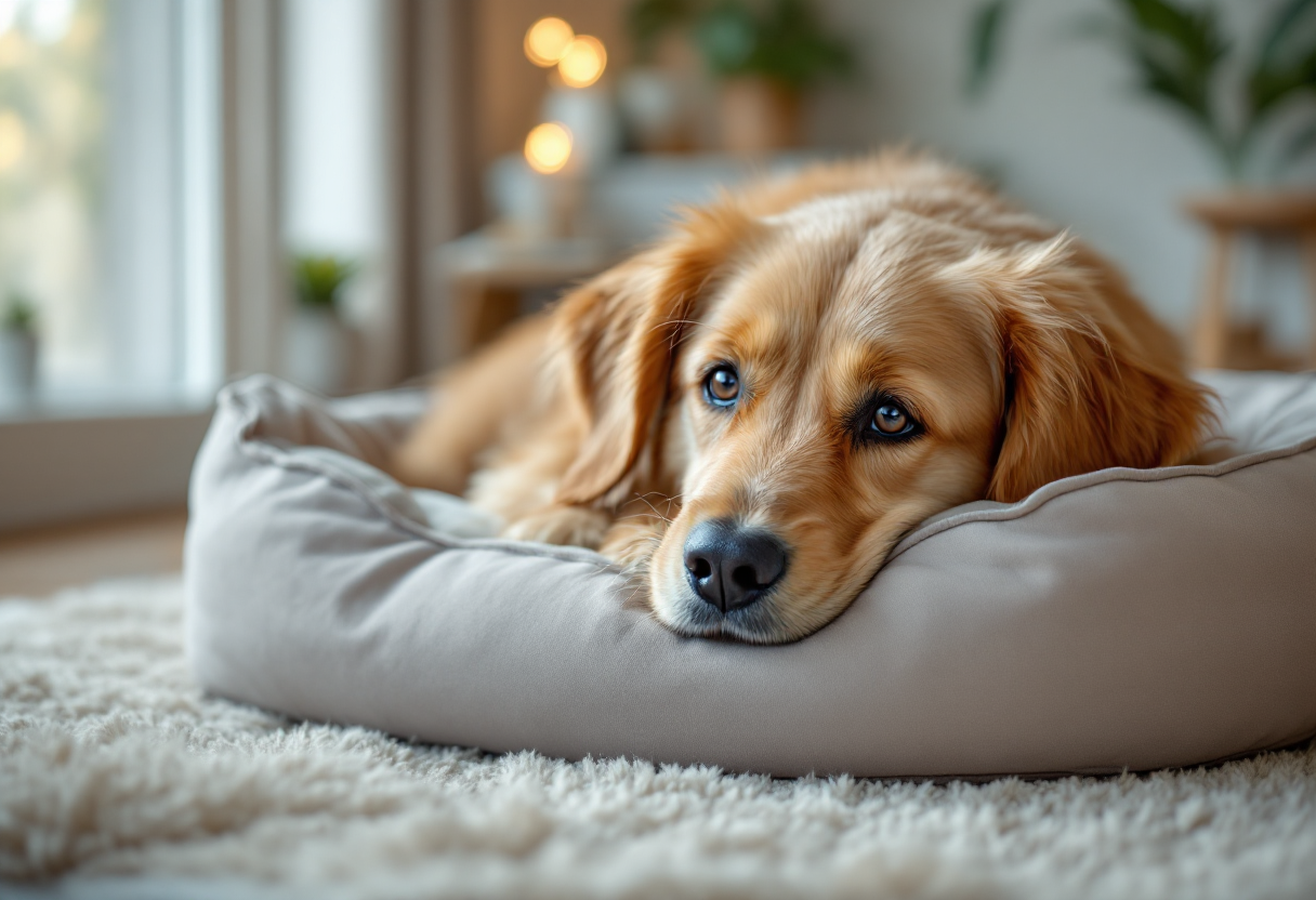 Golden retriever dormido en su cama cómoda