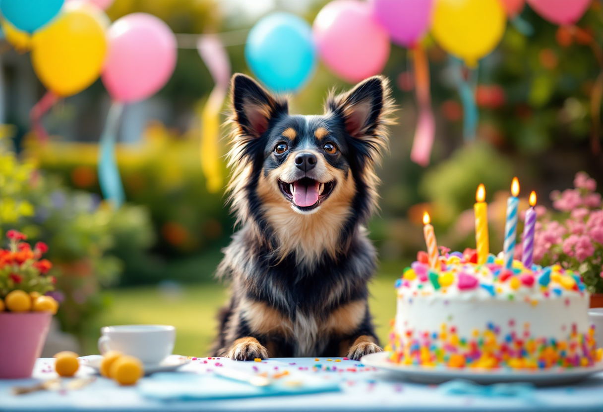 Perro disfrutando de una fiesta de cumpleaños con globos