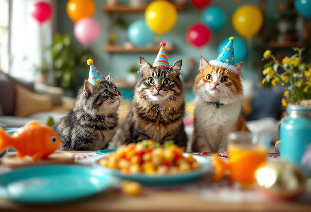 Gatto festeggiando il compleanno con decorazioni