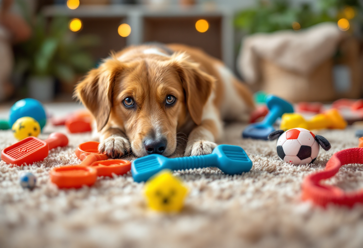 Perro jugando con juguetes coloridos y saludables