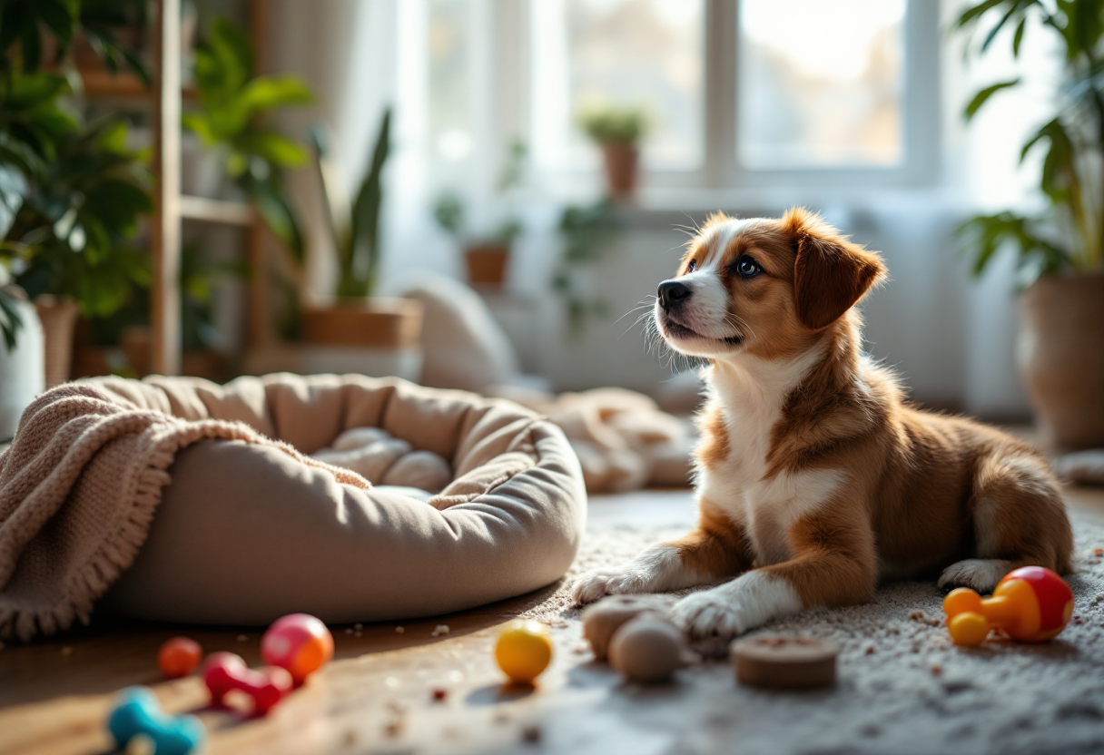 Cachorro feliz jugando en casa con juguetes