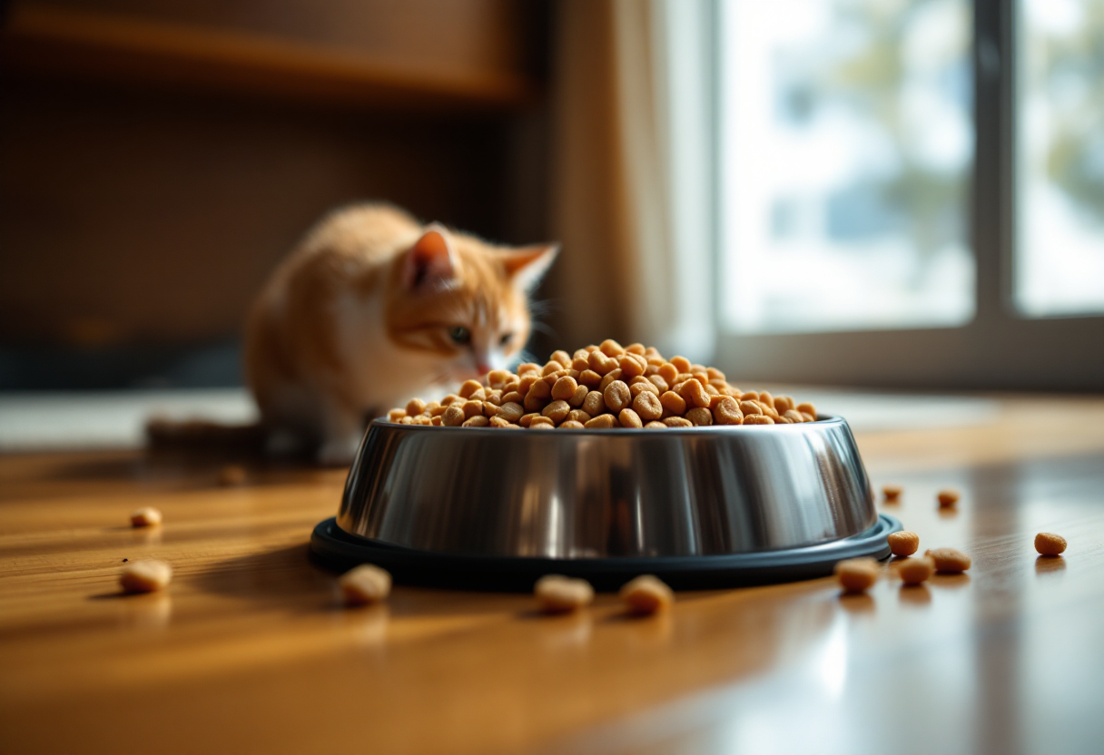 Gatto che mangia cibo ricco di taurina