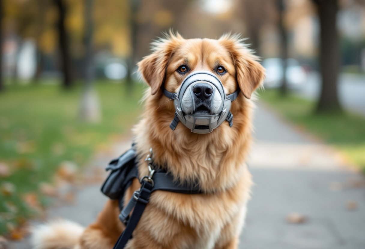 Un perro con bozal en un parque